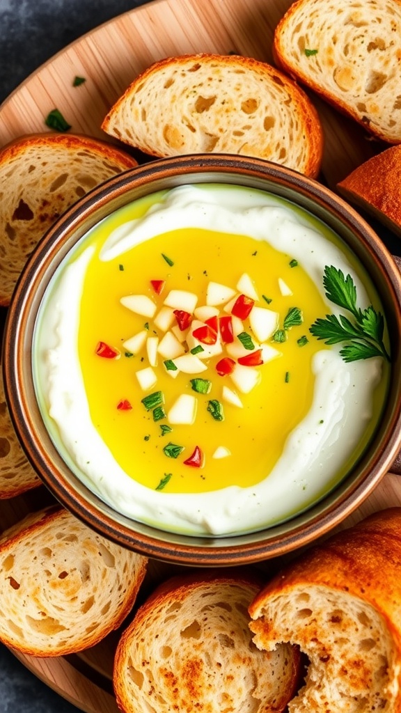 A bowl of garlic olive oil dip with minced garlic and parsley, surrounded by slices of crusty bread on a wooden board.